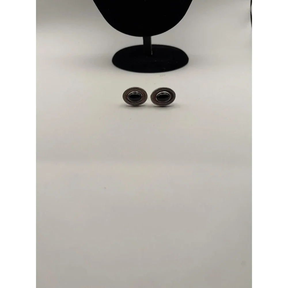 VTG Silver Tone Black Glass Cufflinks-Mid Century Men's Formal Tuxedo Accessorie